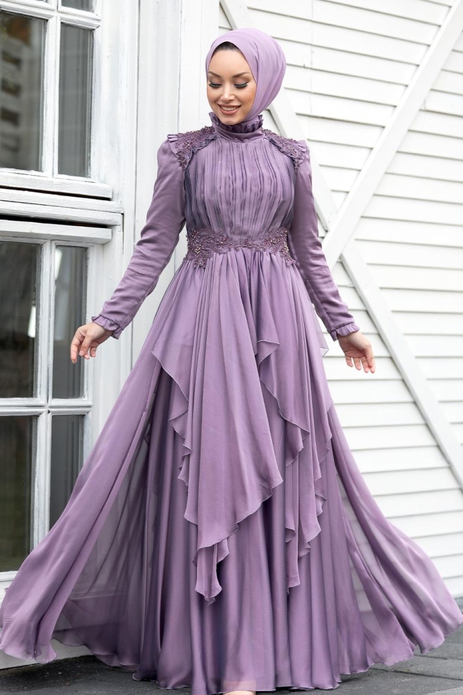 Neva Style - Luxury Lila Muslim Long Sleeve Dress 21850LILA - 2