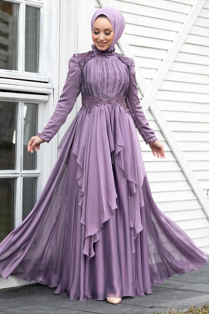 Neva Style - Luxury Lila Muslim Long Sleeve Dress 21850LILA - 3