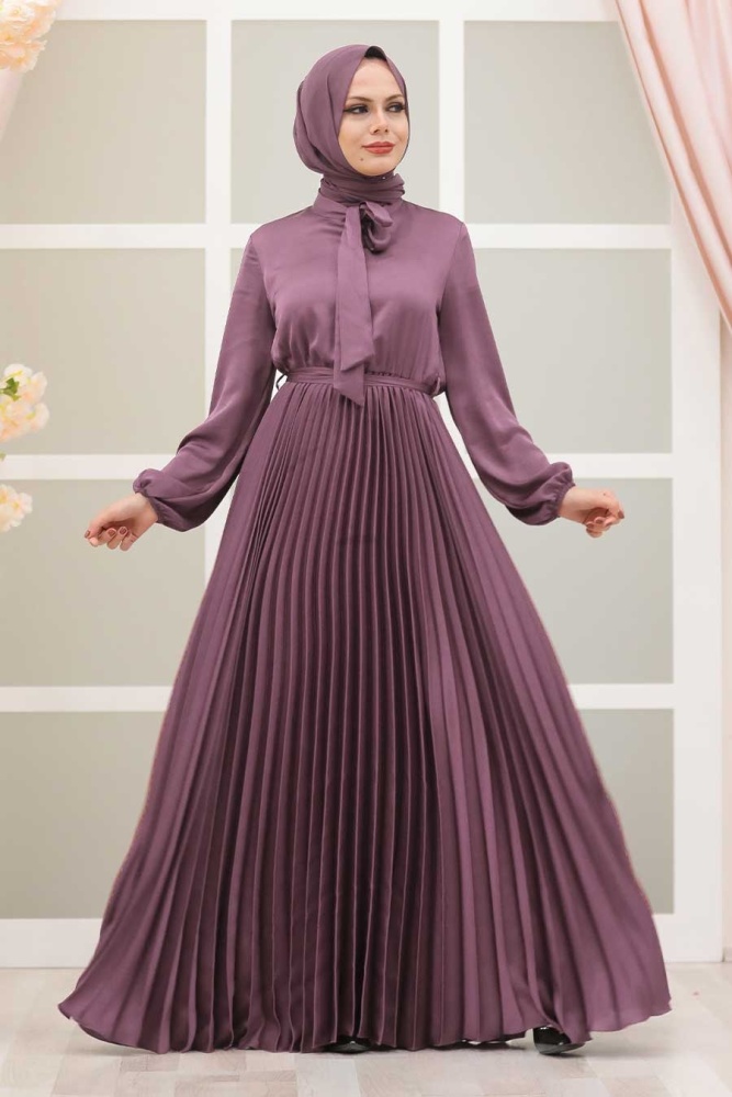 Neva Style - Satin Lila Islamic Clothing Engagement Dress 3031LILA - 1