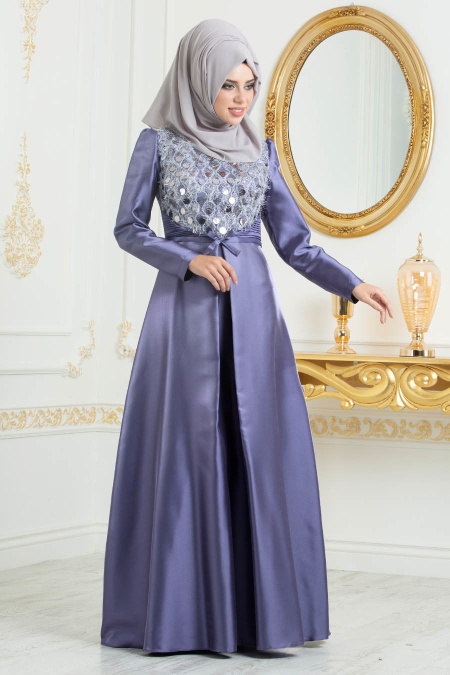 Neva Style - Stylish Dark Lila Modest Islamic Clothing Wedding Dress 3755KLILA