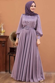 Neva Style - Elegant Lila Islamic Long Sleeve Maxi Dress 40221LILA - Thumbnail