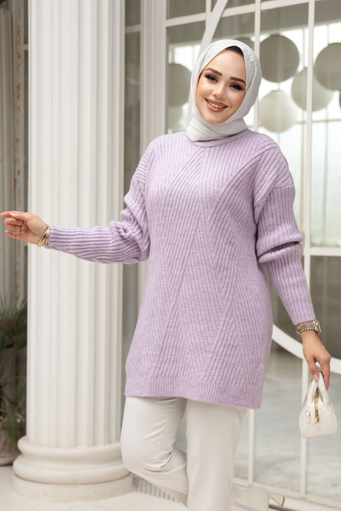 Lila Tesettür Triko Kazak Tunik 7852LILA - N.S NEVA STYLE