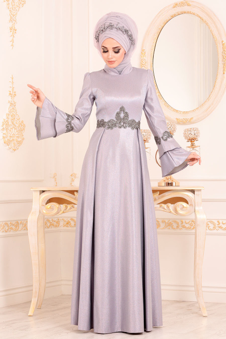 Lilas-Tesettürlü Abiye Elbise - Robe de Soirée Hijab 36970LILA