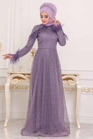 Lilas - Tesettürlü Abiye Elbise - Robe de Soirée Hijab - 3940LILA - Thumbnail