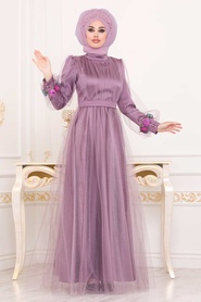 Lilas - Tesettürlü Abiye Elbise - Robe de Soirée Hijab - 3946LILA - Thumbnail