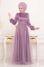 Lilas - Tesettürlü Abiye Elbise - Robe de Soirée Hijab - 3946LILA - Thumbnail