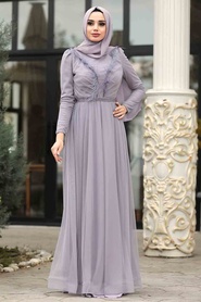 Lilas - Tesettürlü Abiye Elbise - Robe de Soirée Hijab - 3959LILA - Thumbnail