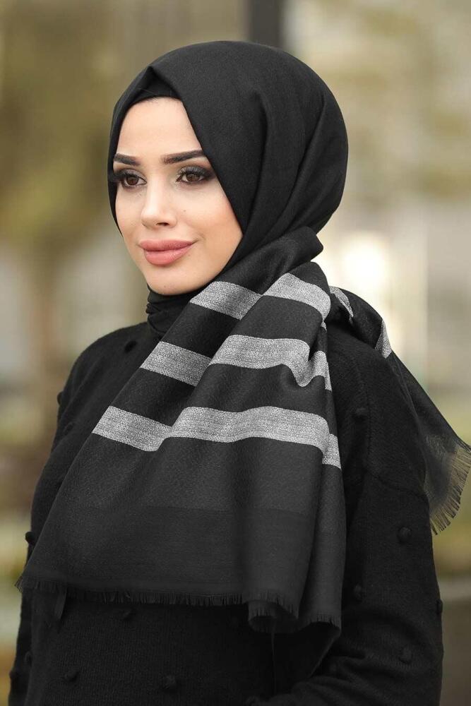 Line Patterned Black Shawl 7508S - 1