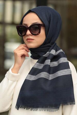 Line Patterned Navy Blue Shawl 7508L - 1