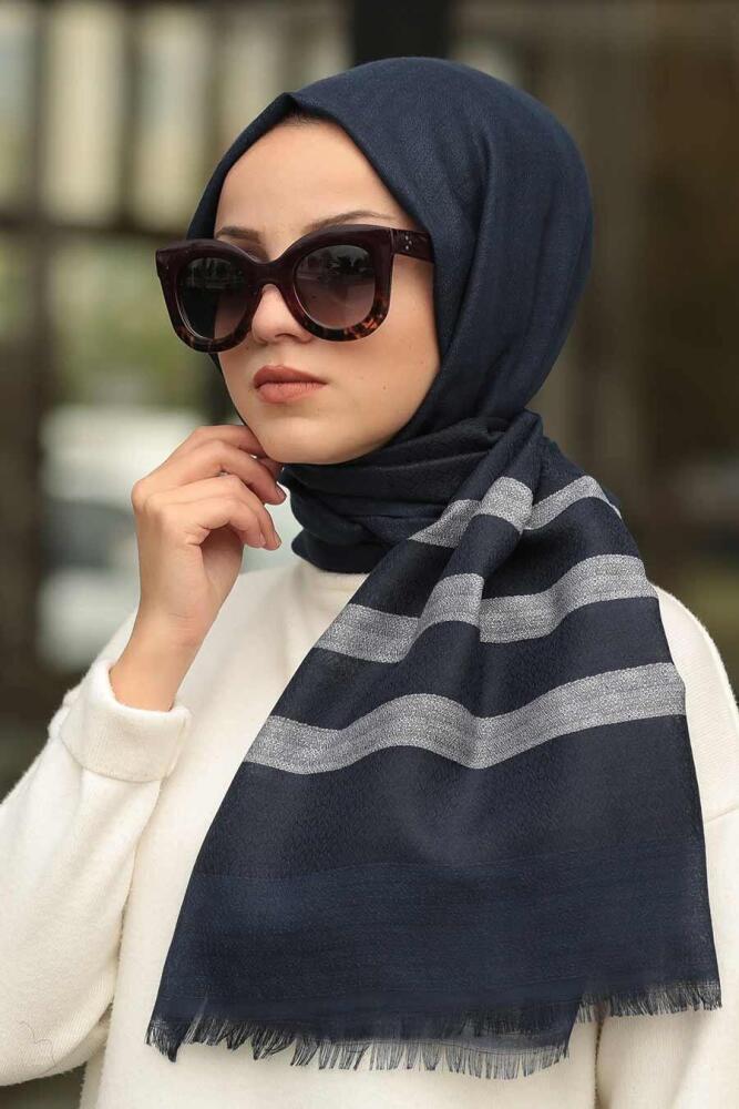 Line Patterned Navy Blue Shawl 7508L - 1