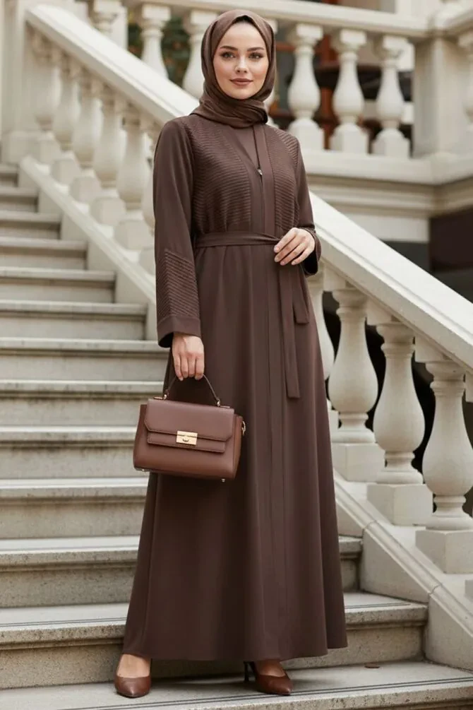 Line Stone Detailed Zip-Front Mink Modest Abaya 29133V - 1