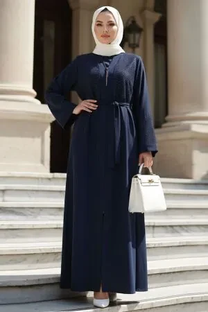 Line Stone Detailed Zip-Front Navy Blue Modest Abaya 29133L 