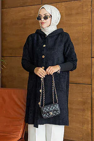 Long Hooded Buttoned Black Eyelash Angora Modest Knit Cardigan 251424S - N.S NEVA STYLE
