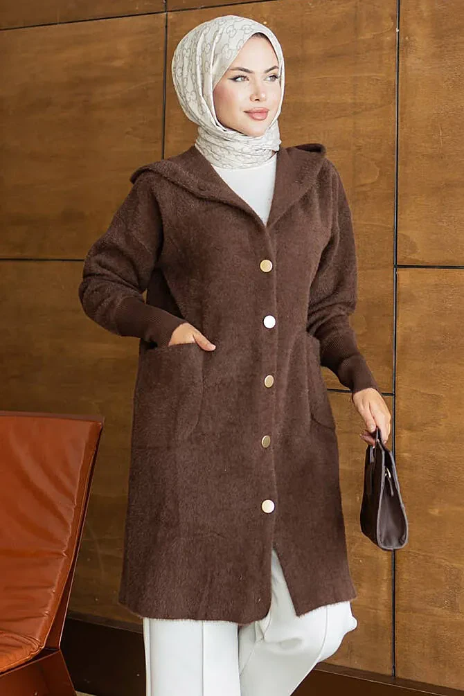 Long Hooded Buttoned Brown Eyelash Angora Modest Knit Cardigan 251424KH - 1