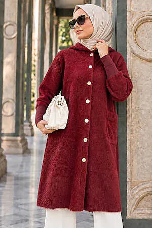 Long Hooded Buttoned Burgundy Eyelash Angora Modest Knit Cardigan 251424BR - 1