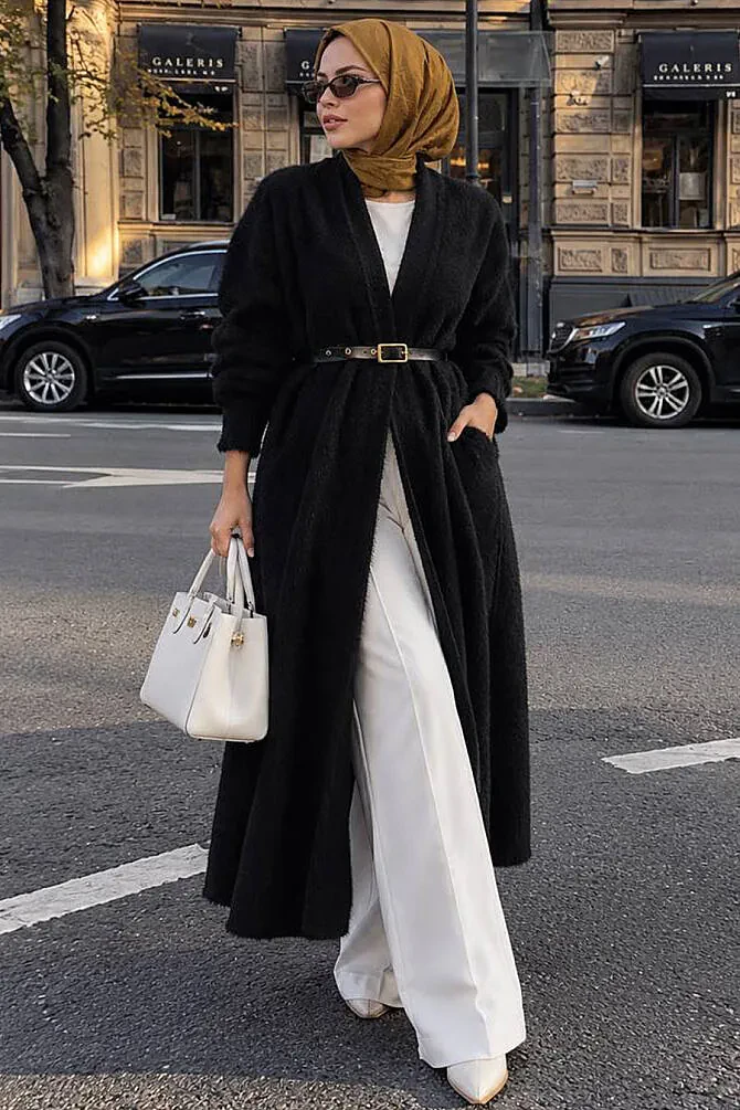 Long Open-Front Black Eyelash Angora Modest Knit Cardigan 251423S - N.S NEVA STYLE