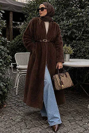 Long Open-Front Brown Eyelash Angora Modest Knit Cardigan 251423KH - N.S NEVA STYLE