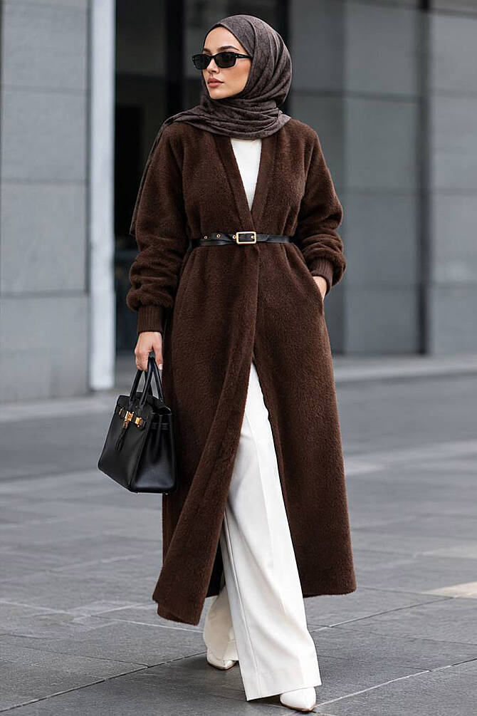 Long Open-Front Brown Eyelash Angora Modest Knit Cardigan 251423KH - 1