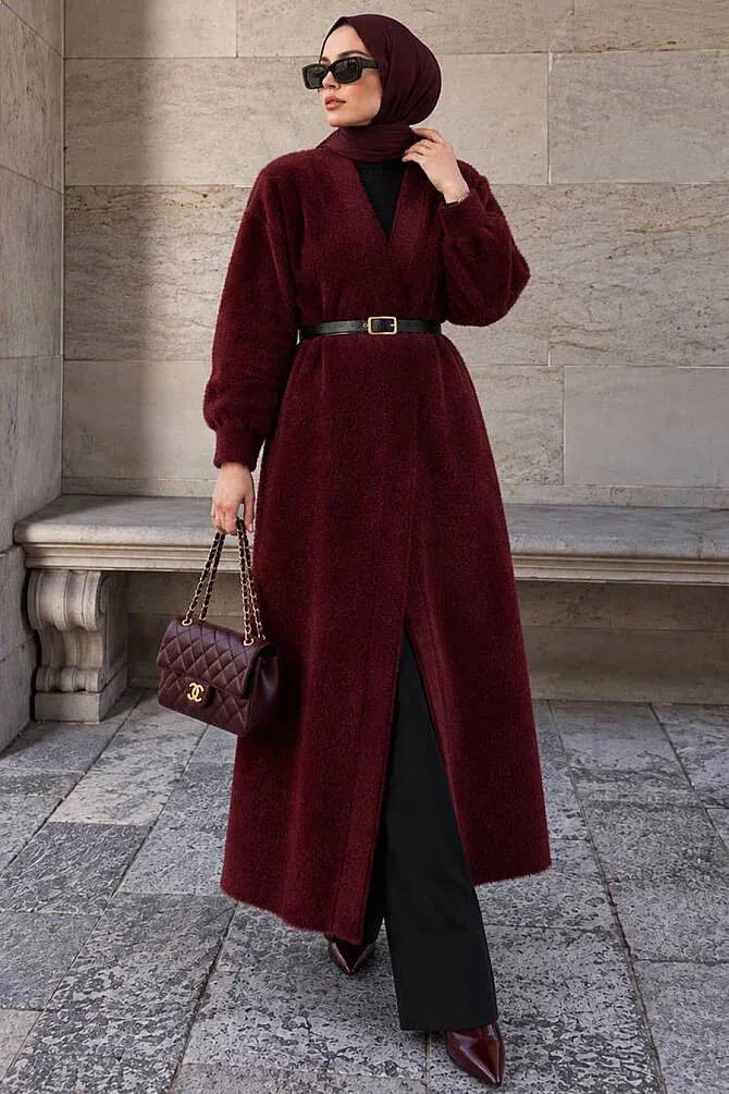 Long Open-Front Burgundy Eyelash Angora Modest Knit Cardigan 251423BR - 1