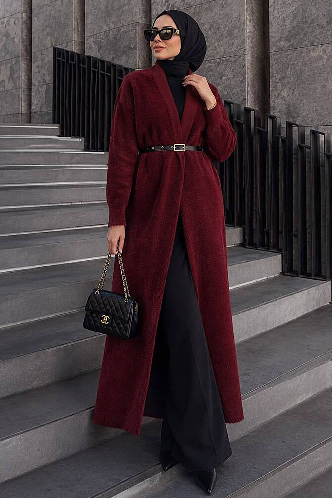 Long Open-Front Burgundy Eyelash Angora Modest Knit Cardigan 251423BR - 1