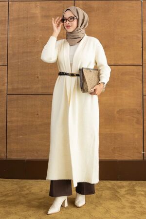 Long Open-Front Cream Eyelash Angora Modest Knit Cardigan 251423KR - N.S NEVA STYLE