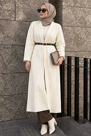 Long Open-Front Cream Eyelash Angora Modest Knit Cardigan 251423KR - N.S NEVA STYLE