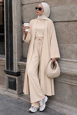 Long Outer-Layer Beige Ottoman Modest Three-Piece Set 14080BEJ - 1