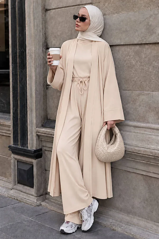 Long Outer-Layer Beige Ottoman Modest Three-Piece Set 14080BEJ - 1