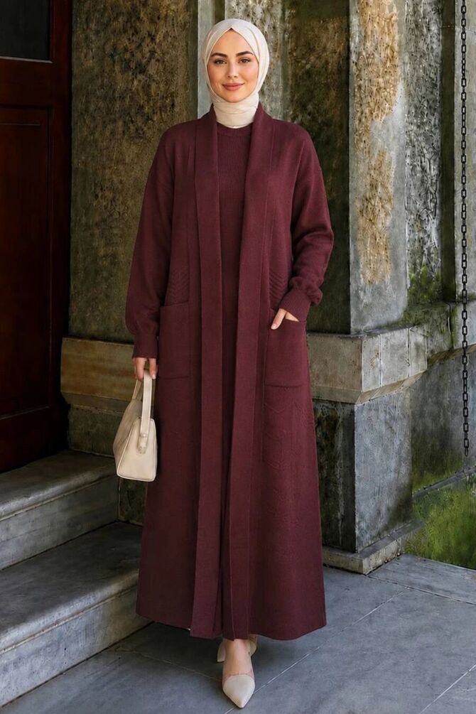 Long Pocketed Brown Modest Knit Cardigan 40035KH - 1