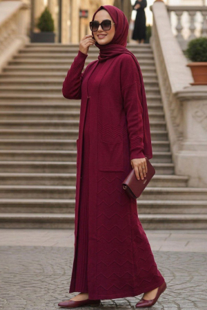 Long Pocketed Cherry Modest Knit Cardigan 40035VSN - N.S NEVA STYLE
