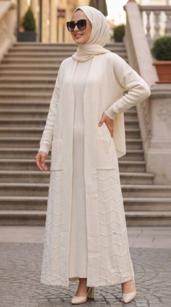 Long Pocketed Cream Modest Knit Cardigan 40035KR - 1