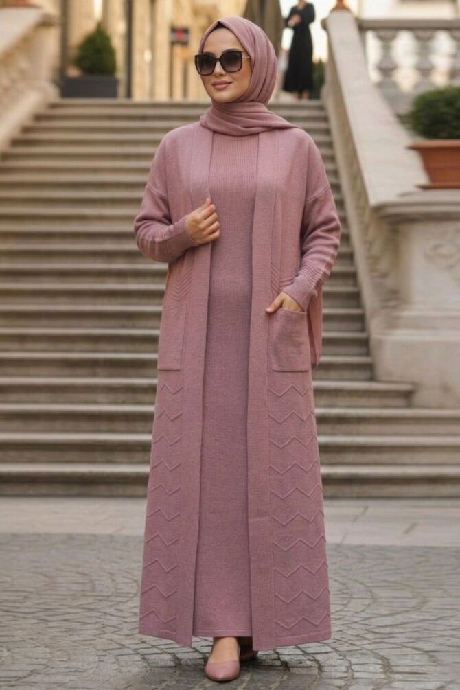 Long Pocketed Dusty Rose Modest Knit Cardigan 40035GK - 1