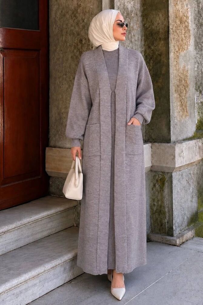 Long Pocketed Mink Modest Knit Cardigan 40035V - 1