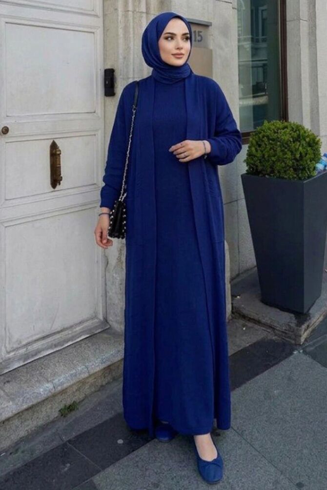 Long Pocketed Navy Blue Modest Knit Cardigan 40035L - 1