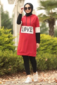  Love Yazılı Kırmızı Tesettür Sweatshirt 1160K - Thumbnail