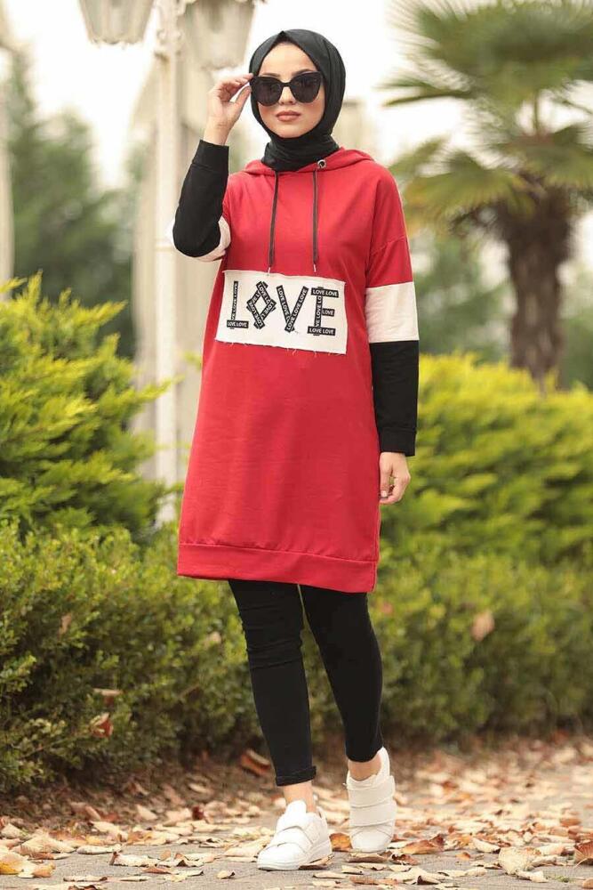  Love Yazılı Kırmızı Tesettür Sweatshirt 1160K - 1