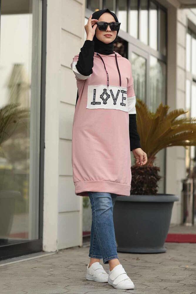  Love Yazılı Pudra Tesettür Sweatshirt 1160PD - 1