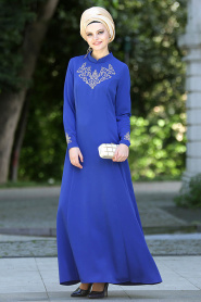 Mahber - Gold Desenli Sax Mavi Tesettür Elbise 3000SX - Thumbnail