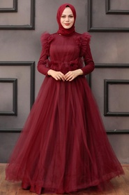 Claret Red Hijab Evening Dress 4067BR - Thumbnail