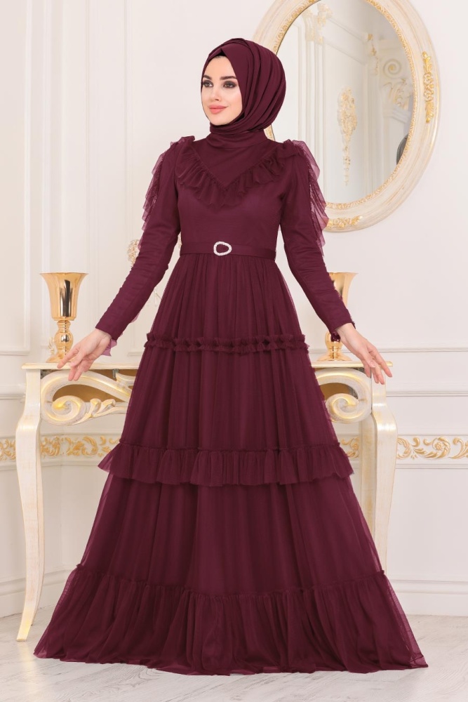Mahogany Hijab Evening Dress 4097BR - 1