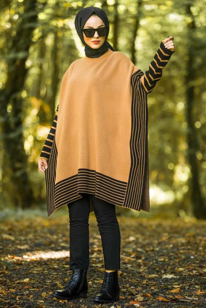 Marron Jaunatre - Neva Style - Poncho en tricot hijab - 15658TB - 1