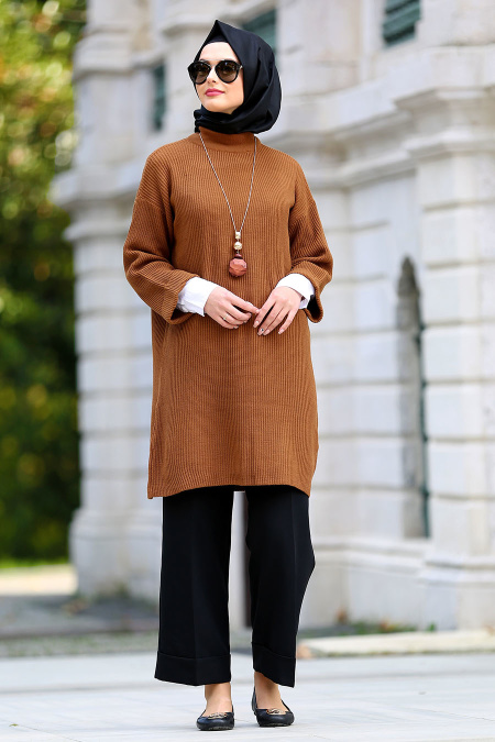 Marron Jaunatre - Neva Style - Pull En Maille Hijab 2919TB