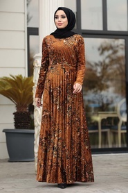 Marron Jaunatre - Neva Style - Robe En Velours Hijab - 1452TB - Thumbnail