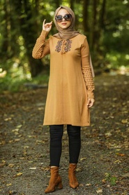 Marron Jaunatre - Neva Style - Tunique En Tricot Hijab - 14533TB - Thumbnail