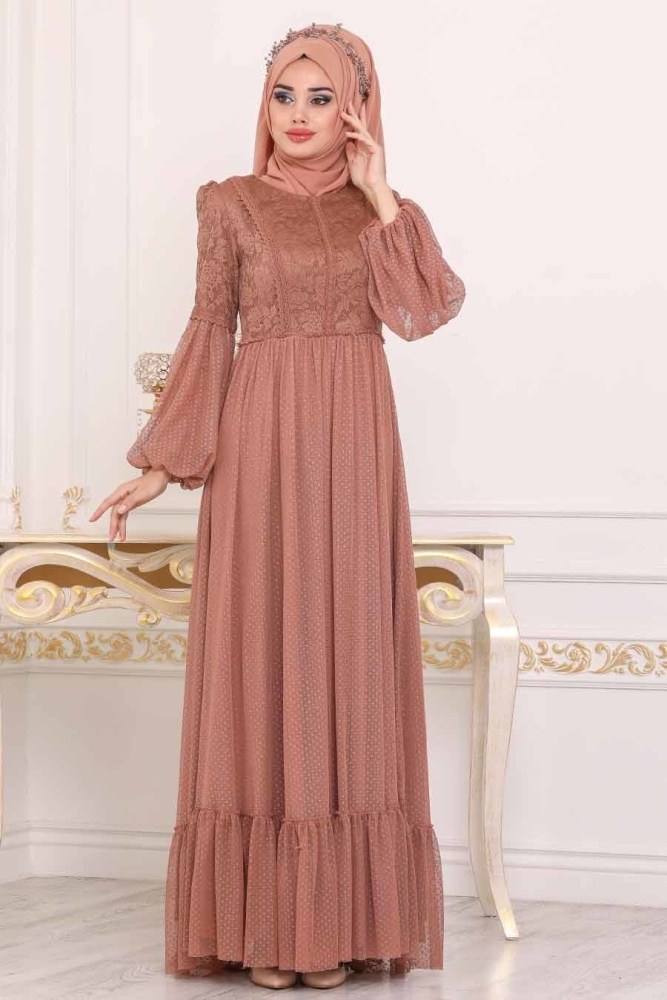 Marron Jaunatre - Tesettürlü Abiye Elbise - Robe de Soirée Hijab - 3890TB - 1