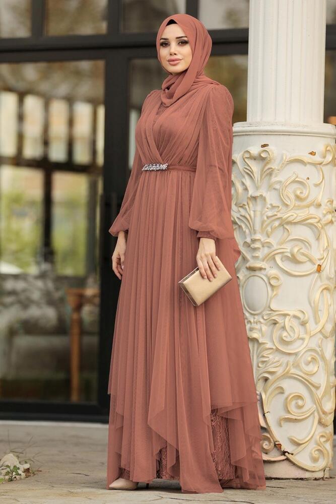 Marron Jaunatre - Tesettürlü Abiye Elbise - Robe de Soirée Hijab - 39480TB - 1