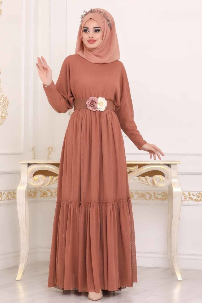 Marron Jaunatre - Tesettürlü Abiye Elbise - Robe de Soirée Hijab - 3962TB - 1