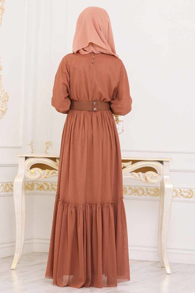 Marron Jaunatre - Tesettürlü Abiye Elbise - Robe de Soirée Hijab - 3962TB - 2