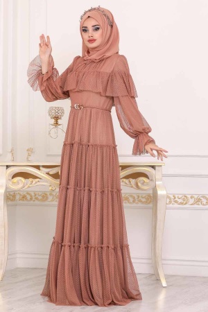 Marron Jaunatre - Tesettürlü Abiye Elbise - Robe de Soirée Hijab - 3975TB - 1