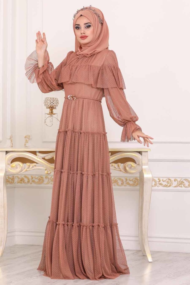 Marron Jaunatre - Tesettürlü Abiye Elbise - Robe de Soirée Hijab - 3975TB - 1